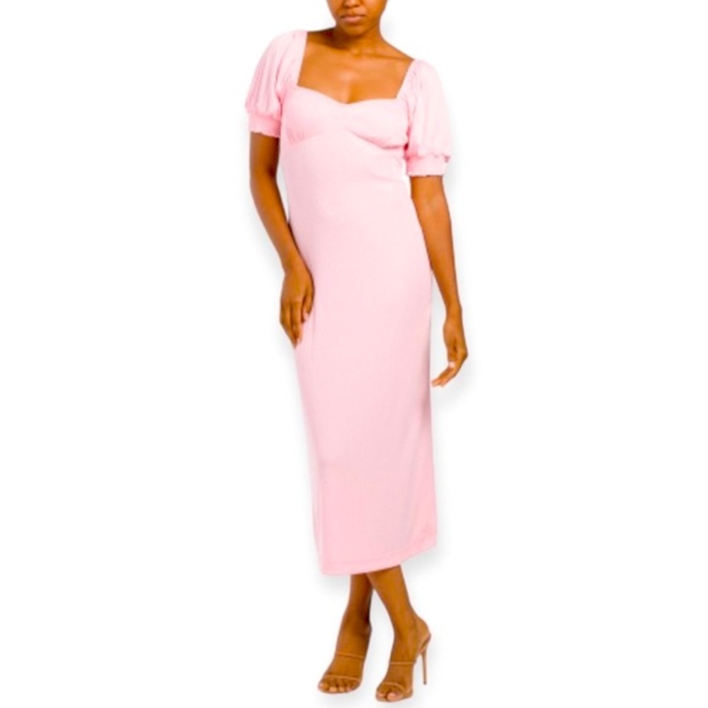 FREE PEOPLE Bel Air Dress Pink Midi Puff Sleeve Sweetheart Neckline NWT